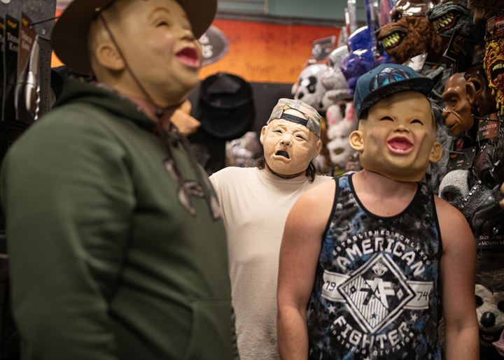 Lamar University students try on Halloween masks in Spirit Halloween next to Parkdale Mall, Oct 22. Spirit Halloween offers a variety of masks for every type of costume, from scary to humorous. According to Google, the most popular costumes of 2019 are Pennywise from IT; a witch after the reboot of “Sabrina the Teenage Witch,” and the Halloween staple “Hocus Pocus”; Spider-Man — with the most recent Marvel installment, “Spider-Man: Far From Home,” the character has remained a Halloween favorite; “Fortnite” costumes are also popular this year due to the amount of people playing the game; Chucky has also seen a resurgence in popularity after the 2019 “Child’s Play” reboot.