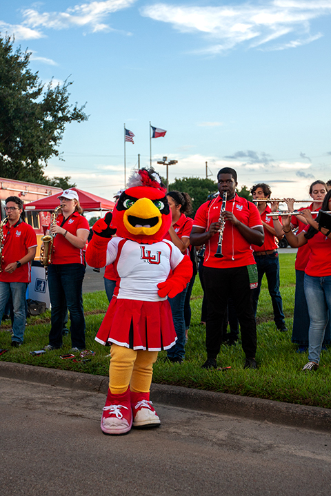 Lou, the Lamar University mascot, shows her spirit during the Homecoming Pep Rally and Bonfire, Sept. 27. UP photo by Delicia Rocha 