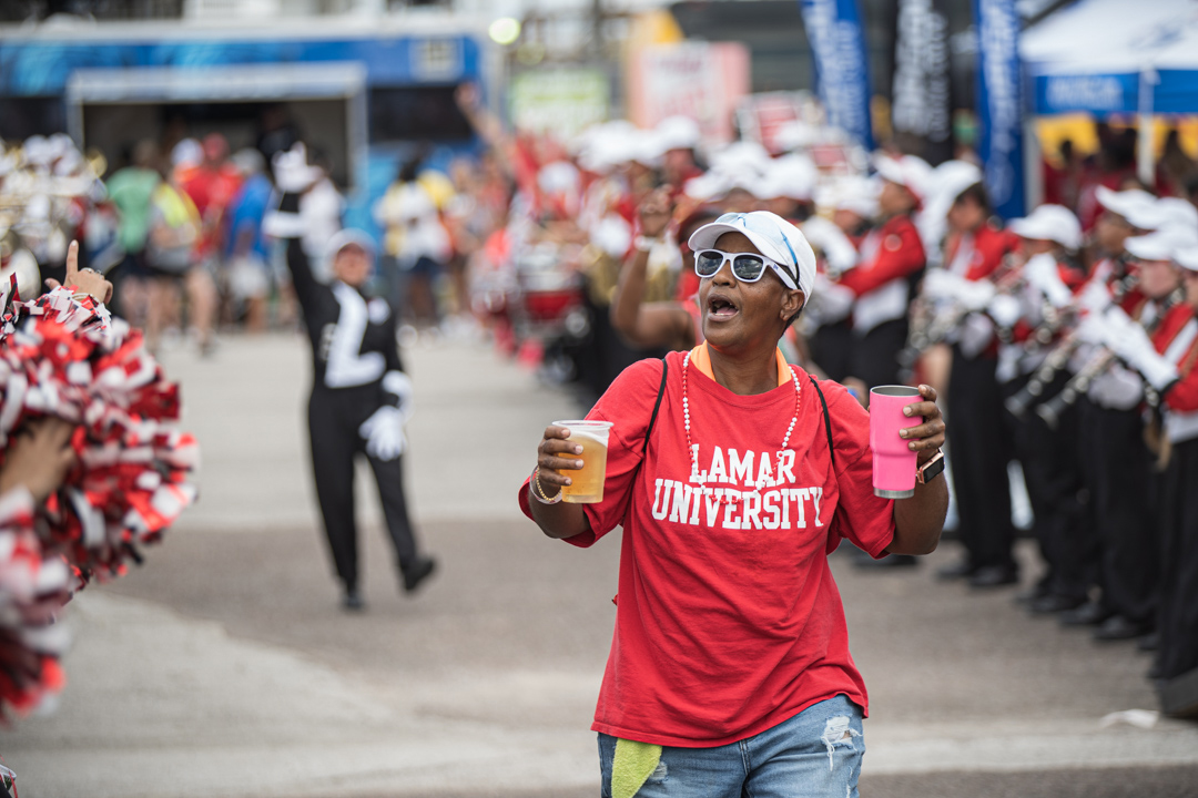 Lamar Universty football fan following the team to the field with an ice cold beer in hand during the tailgating before the homecoming game against SFA on Sep 28. UP photo by Noah Dawlearn