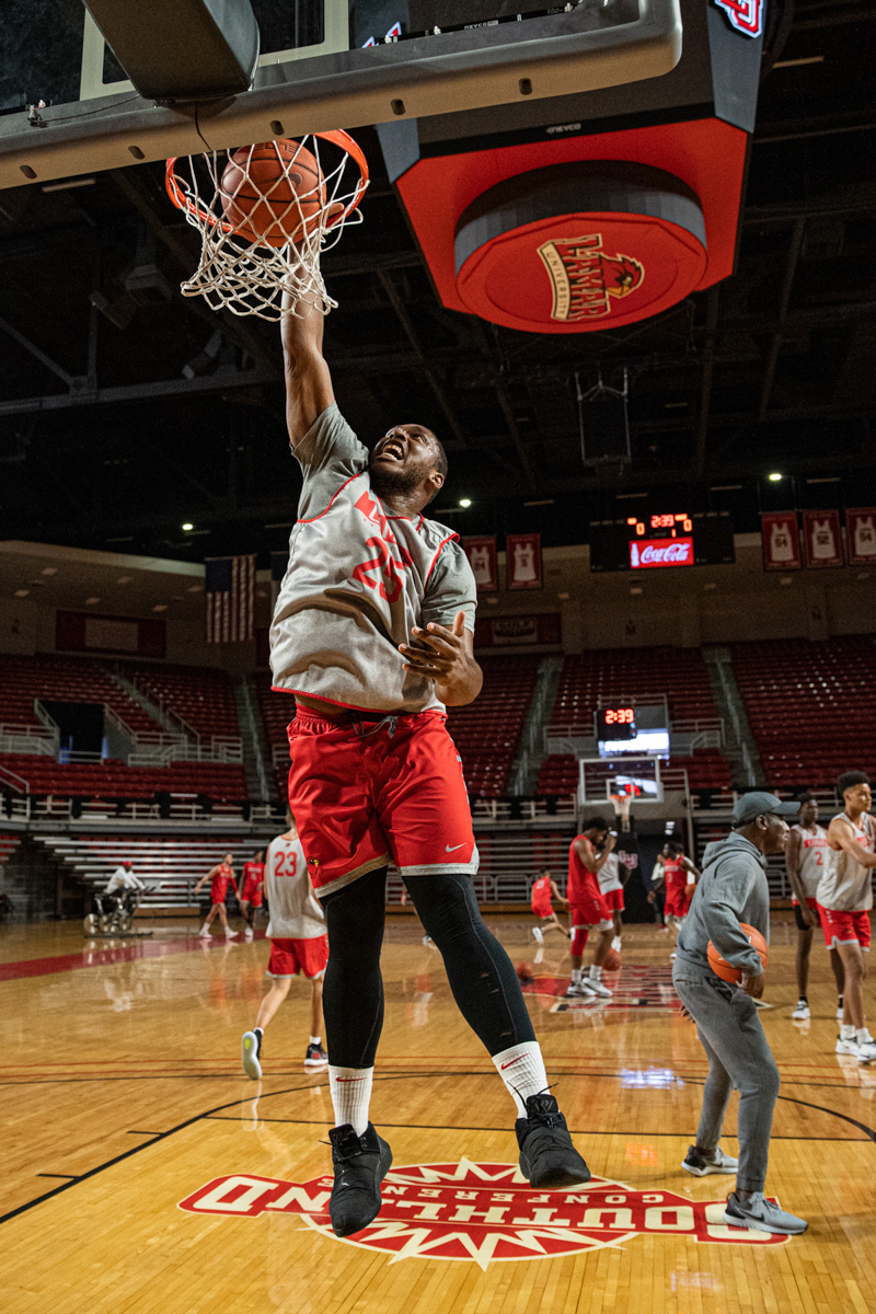 LU’s Anthony Cameron dunks the ball during basketball practice, Oct. 17, in the Montagne Center. UP photo by Noah Dawlearn