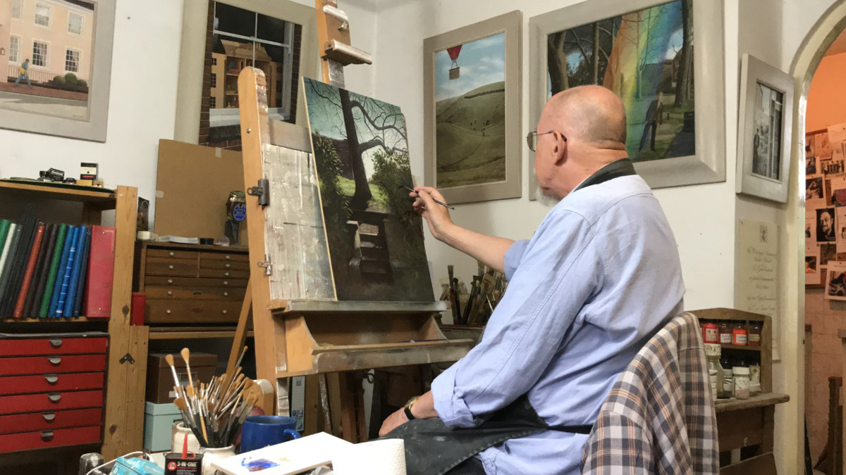 Peter messer in his art studio in Lewes, England. messer uses his large collection of tempura paint pigments to create dreamy scenes of the town around him. 