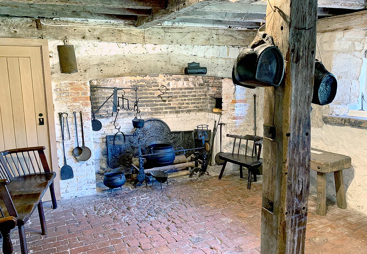 The kitchen of Anne of Cleaves' house, featuring contemporary cooking tools. 