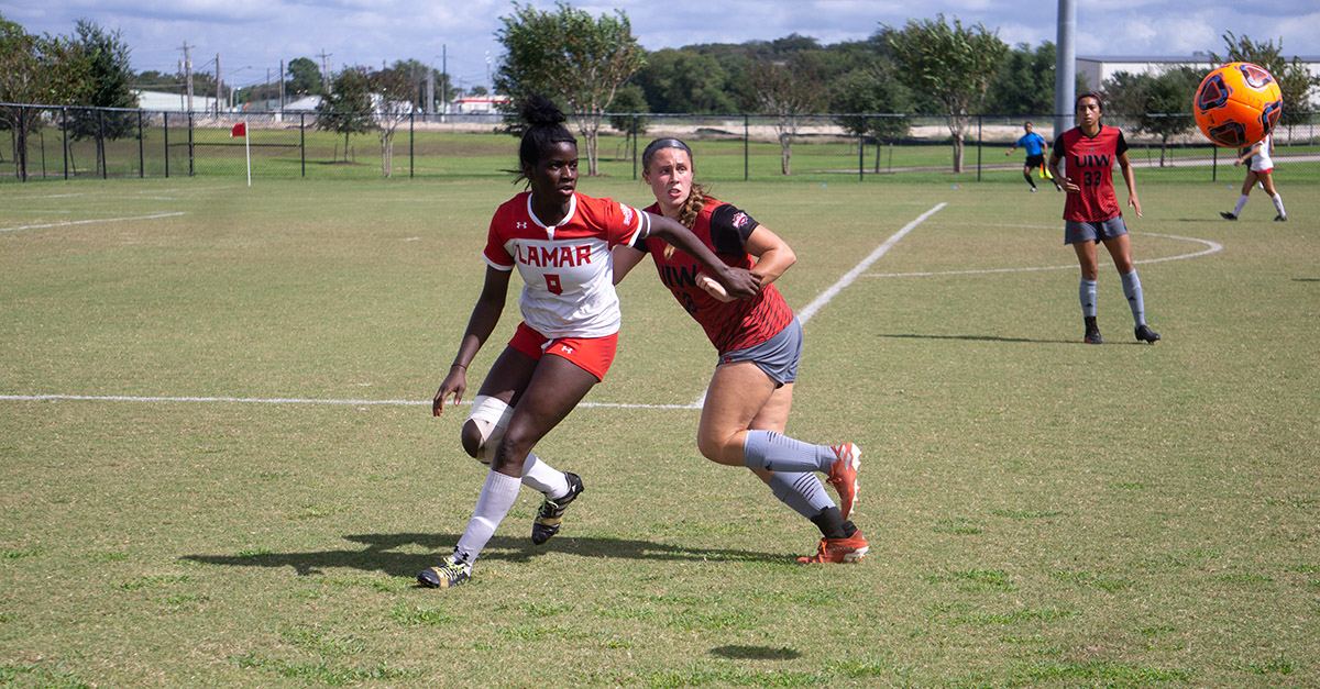 LU’s Esther Okoronkwo gets ready to head the ball during an SLC game against the University of the Incarnate Word, Oct. 20, at the LU Soccer Complex. UP file photo by Cade Smith 