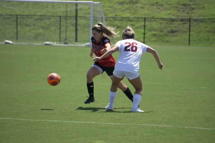 LU’s Lucy Ashworth dribbles the ball against a Alabama defender on Sept. 1 at the LU Soccer Complex. UP photo by Cade Smith