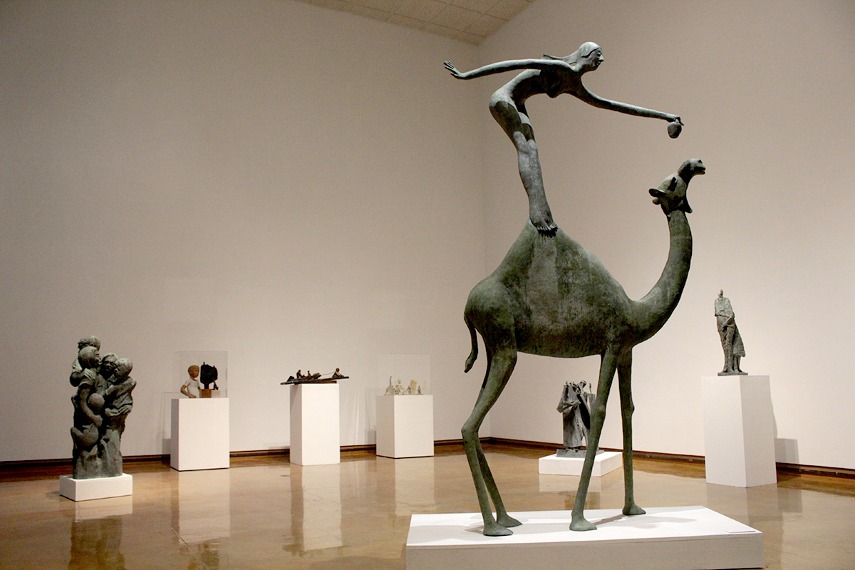 A Camel statue, left, is on display at Cargill’s retrospective, “Life is a Long Way,” at the Dishman Art Museum. The show opens with a free reception, 6:30 p.m. to 8:30 p.m., Friday.