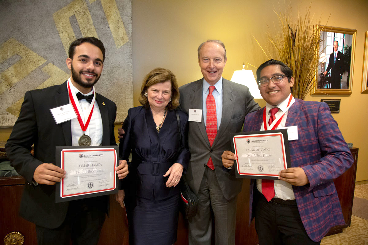 2019 Beck Fellows Omar Hamza and Cesar Delgado pose with their certificates at last year's awards ceremony.
