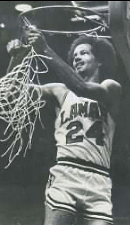 Norman Bellard cuts down the net after the Lamar Cardinals won the Southland Conference in 1979 to advance to the NCAA tournament. Photo courtesy of Norman Bellard