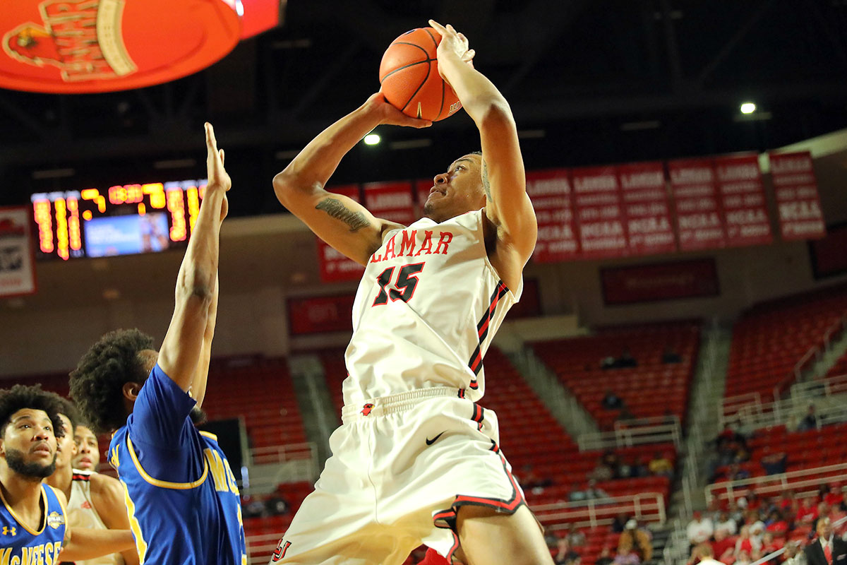 LU's T.J. Atwood puts up a shot during the March 7  Southland Conference match up with McNeese State in the Montagne Center.