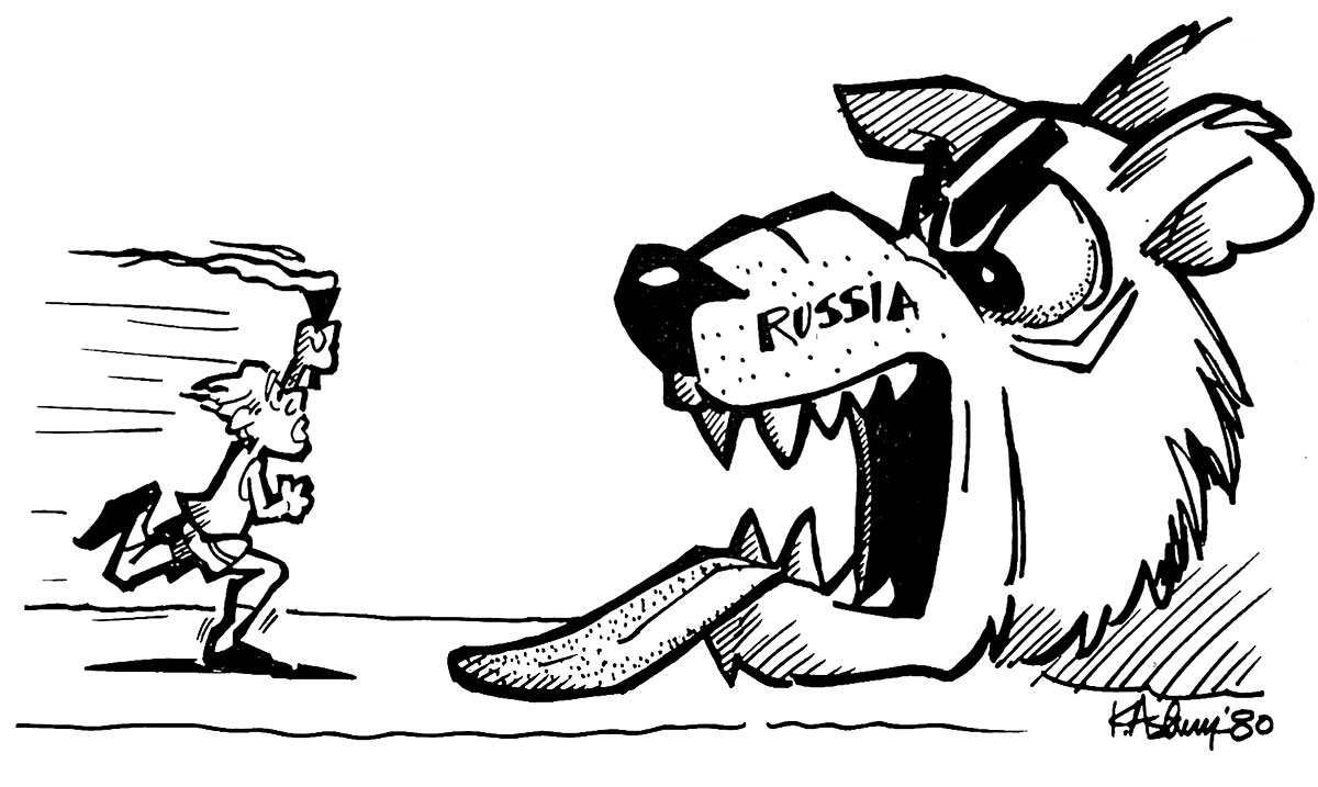 Kelly Asbury's 1980 cartoon in the University Press comments on the standoff between U.S. President Jimmy Carter and Russia which led to the U.S. boycotting the Moscow summer Olympics.