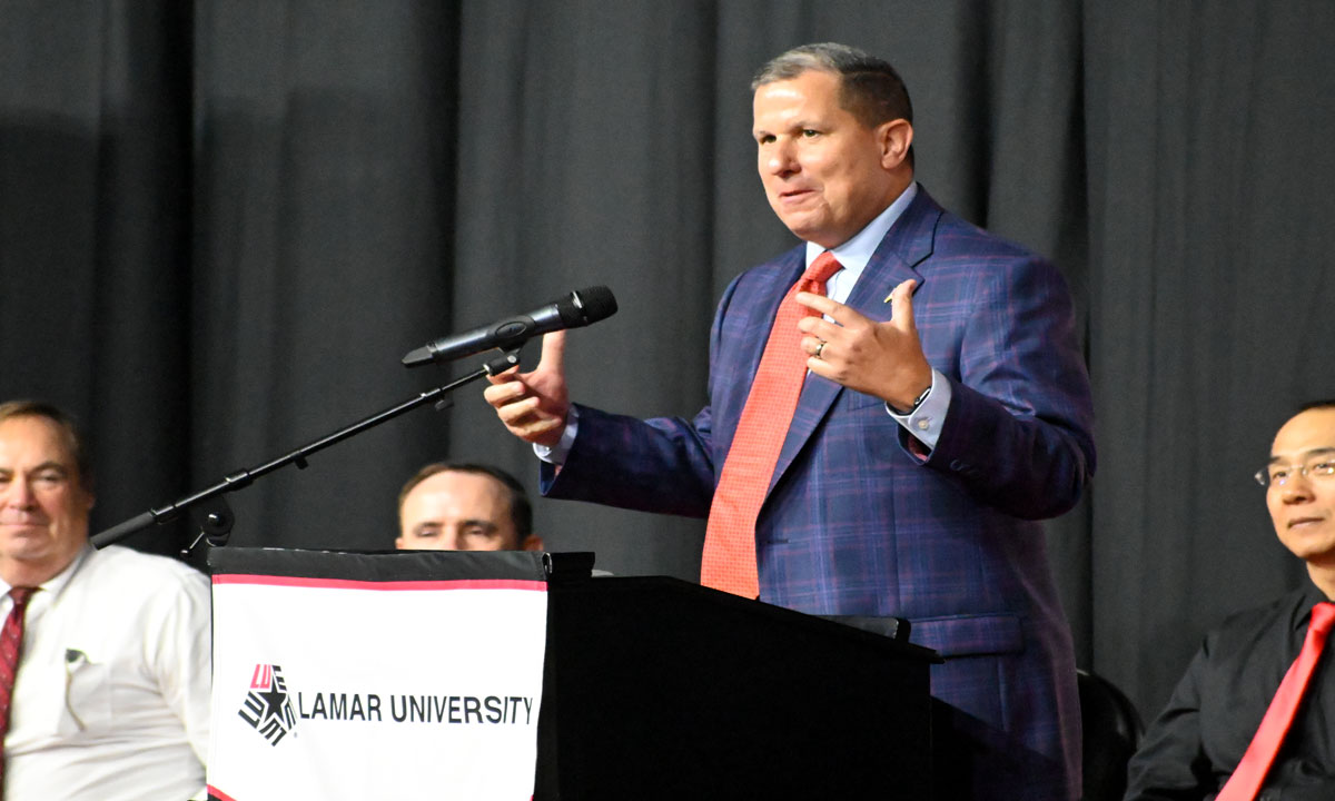 Lamar AD Jeff O'Malley delivers an update at convocation, Aug. 14, in the Montagne Center. Image Credit: Keagan Smith, UP sports editor.