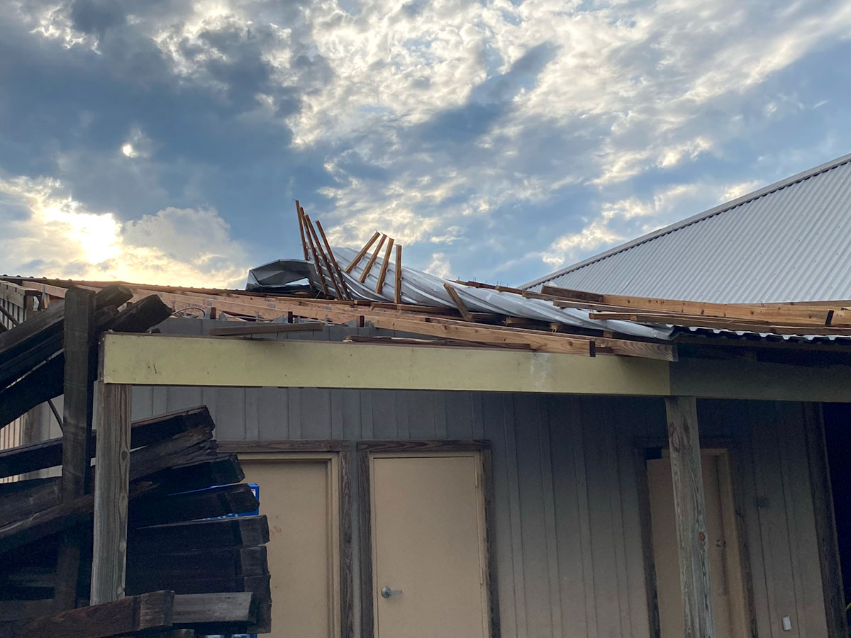 The damaged roof from the visitor center. UP photo by Maddie Sims.