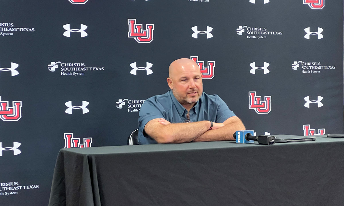 LU head coach Pete Rossomando speaks at his weekly press conference, Aug. 28, in the Dauphin Athletic Complex. Photo credit: Keagan Smith, UP sports editor.
