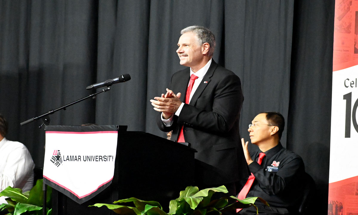 LU President Jaime Taylor stands at the podium as he gives a speech at convocation, Aug. 14, in the Montagne Center. Image credit: Keagan Smith, UP sports editor.