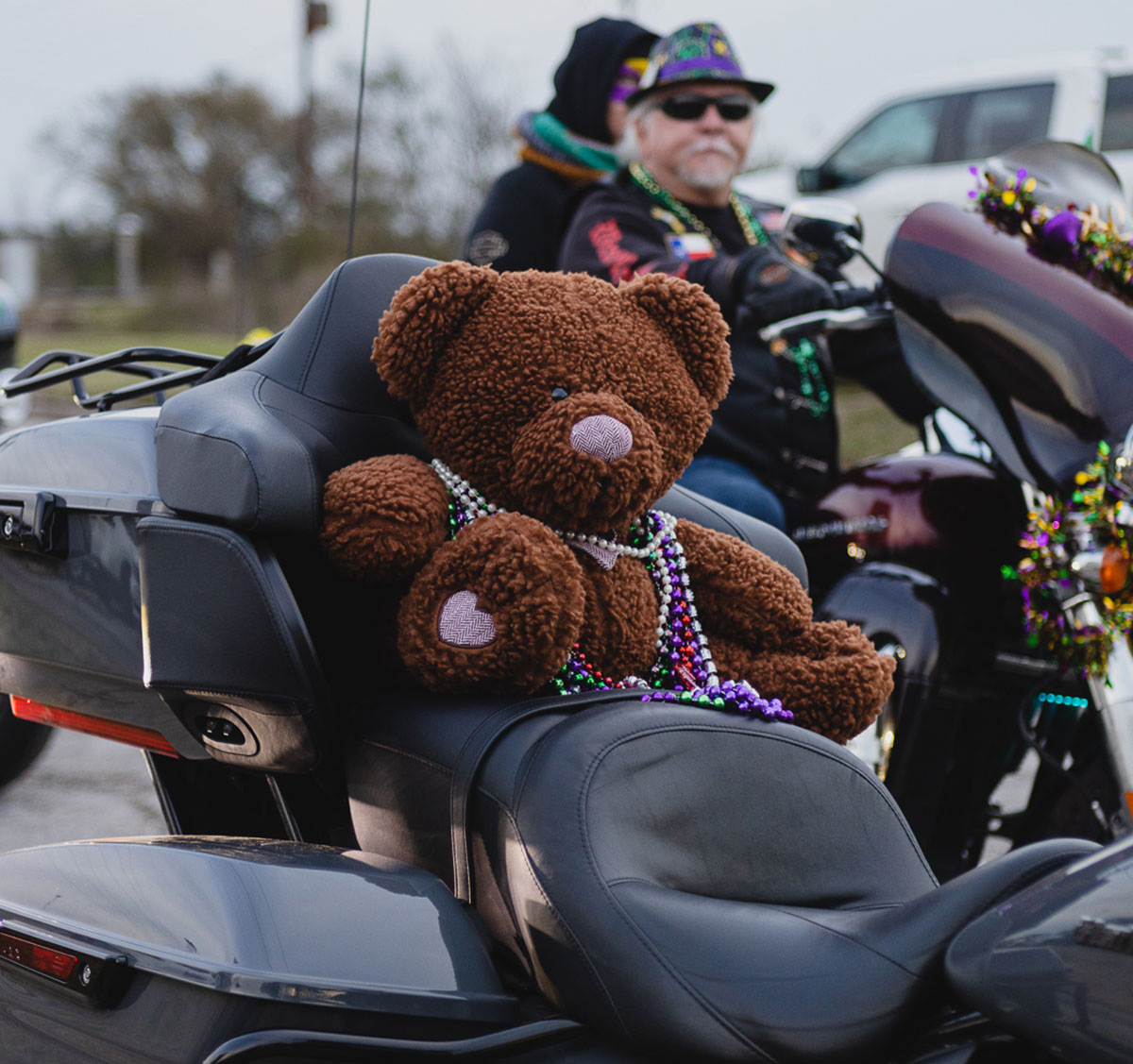A teddy-bear sits in the passenger seat of a motorcycle at the Mardi Gras of Southeast Texas, Feb. 18. UP photo by Brian Quijada.