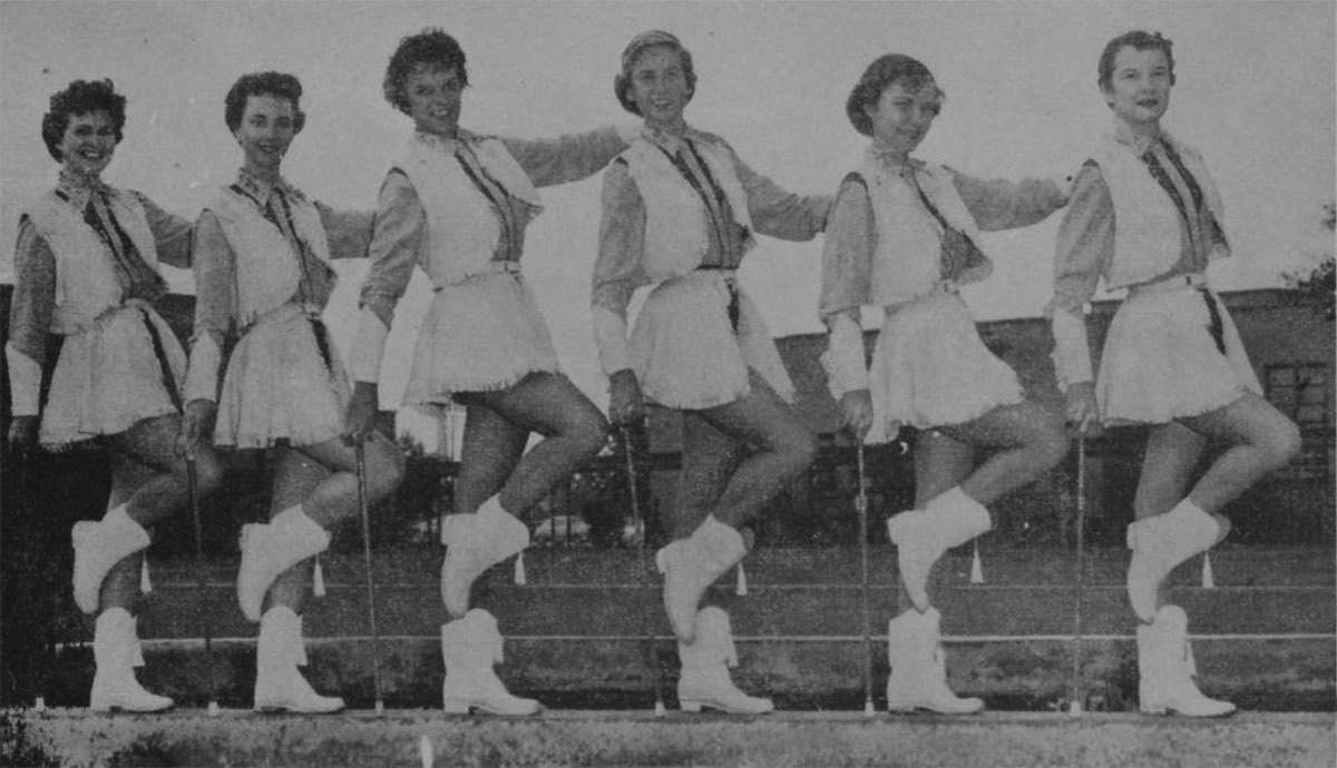 TWIRLERS—The highstepping young ladies you’ll see prancing before the band are left to right, Kathy Norton, Mary Gordon, Evelyn Sweat, Jo Ann Ruff, Pat Halfin and Virginia Smith.