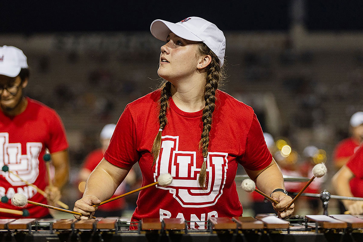 The front ensemble of Lamar University's marching band perform at half time of LU's opening football game, Aug. 31, at Provost Umphrey Stadium. UP photo by Brian Quijada.