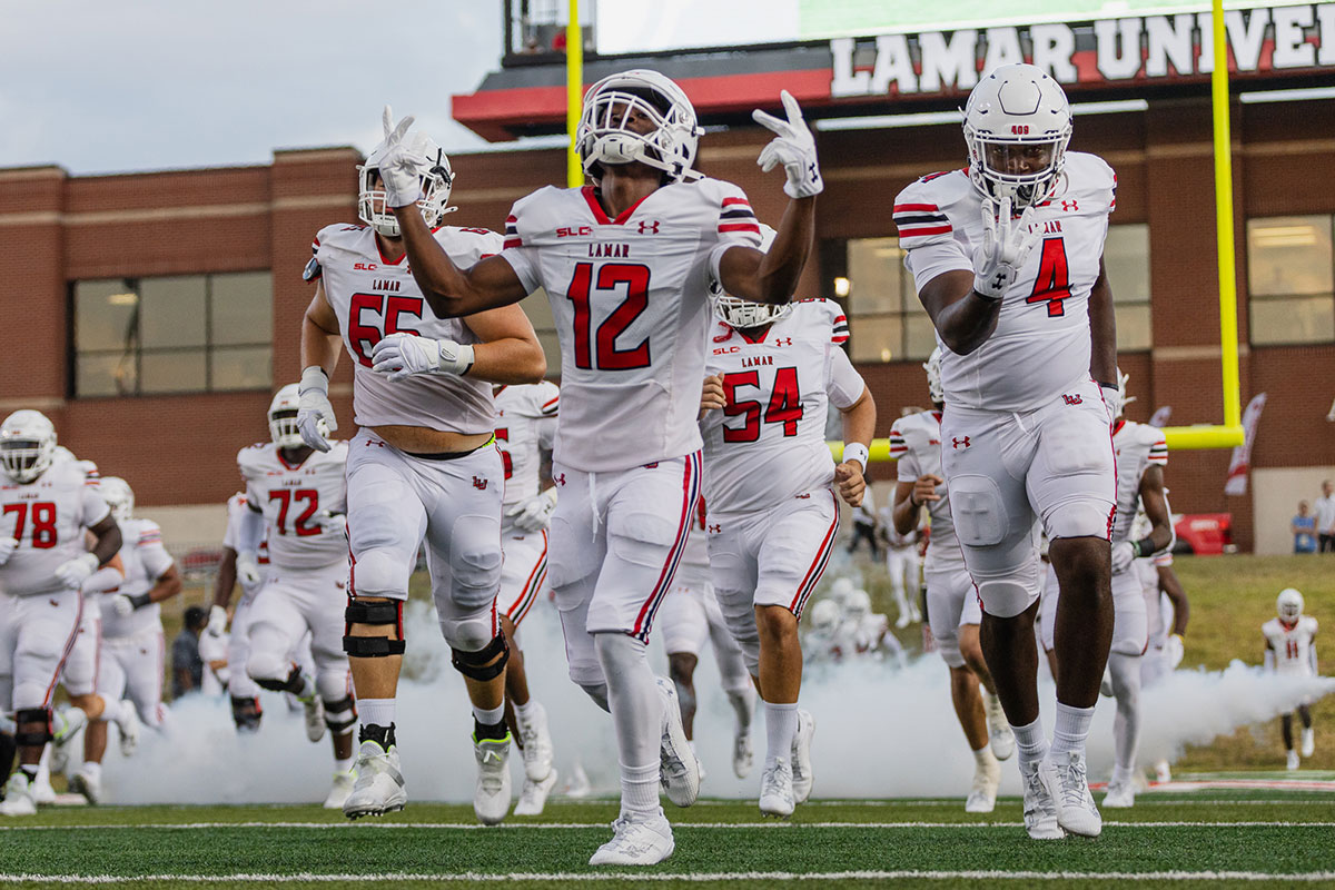 The Lamar University football team takes the field pre-game before facing the Idaho University Vandals, Aug. 31, at Provost Umphrey Stadium in Beaumont. UP photo by Brian Quijada.