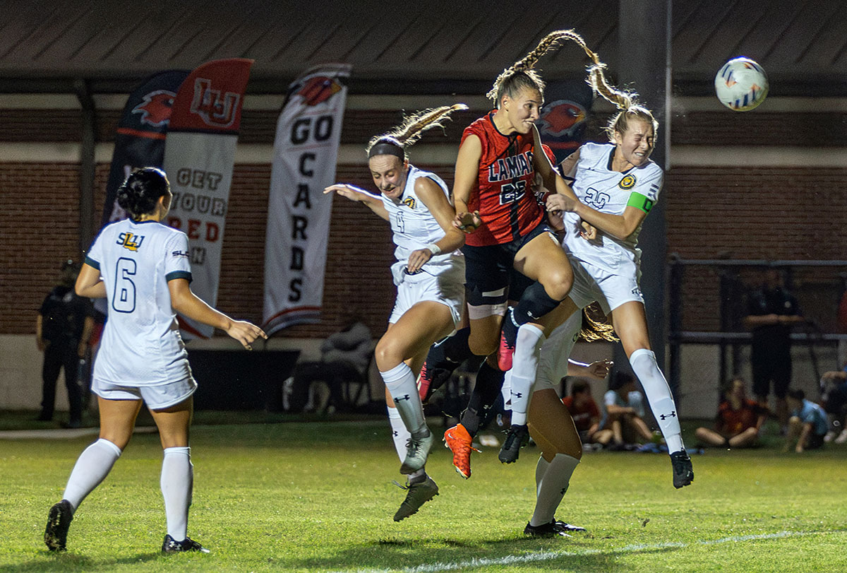 Kaisa Juvonen heads the fourth goal in LU’s 4-1 win over Southeastern Louisiana, Oct. 27, at the Lamar University Soccer Complex. UP photo by Brian Quijada.