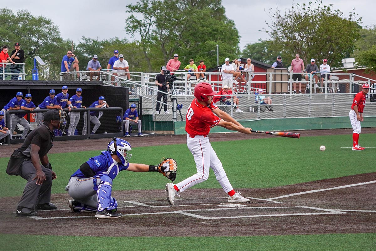 LU outfielder Tanner Wilson gets a walk-off hit to win the game against McNeese State University, at Vincent-Beck stadium, April 7, 2024. UP photo by Carlos Viloria.