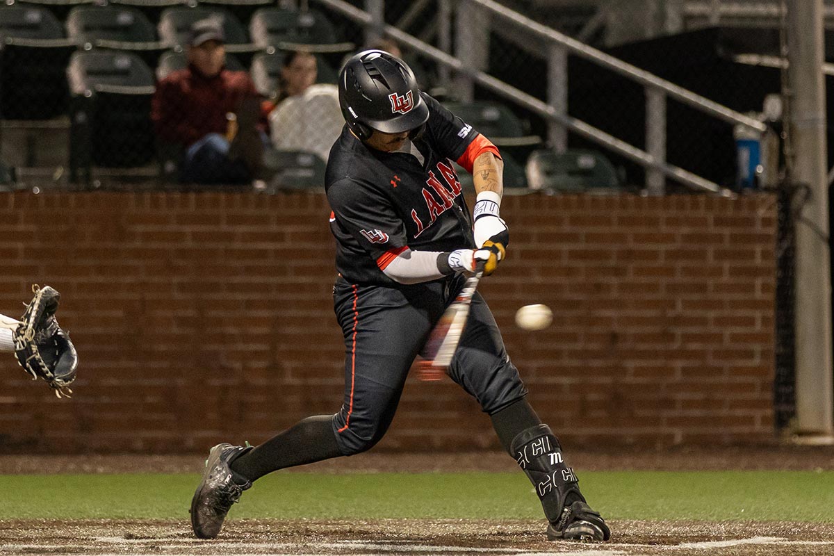 Cardinal catcher Zak Skinner hits the ball against Prairie View A&M University, at the Vincent-Beck Stadium, March 19. UP photo by Brian Quijada.