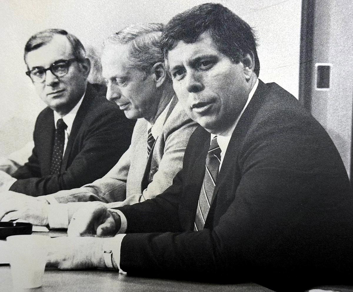 Sen. Carl Parker, D-Port Arthur, right, gestures during a press conference, Oct. 24,1984, as Dr. Philip Johnson, John Gray Institute director, and Dr. Charles Turco, dean of the College of Graduate Studies and Research, listen. Parker announced plans for an Economic Action Worksop to aid Southeast Texans wanting to start business. UP file photo.