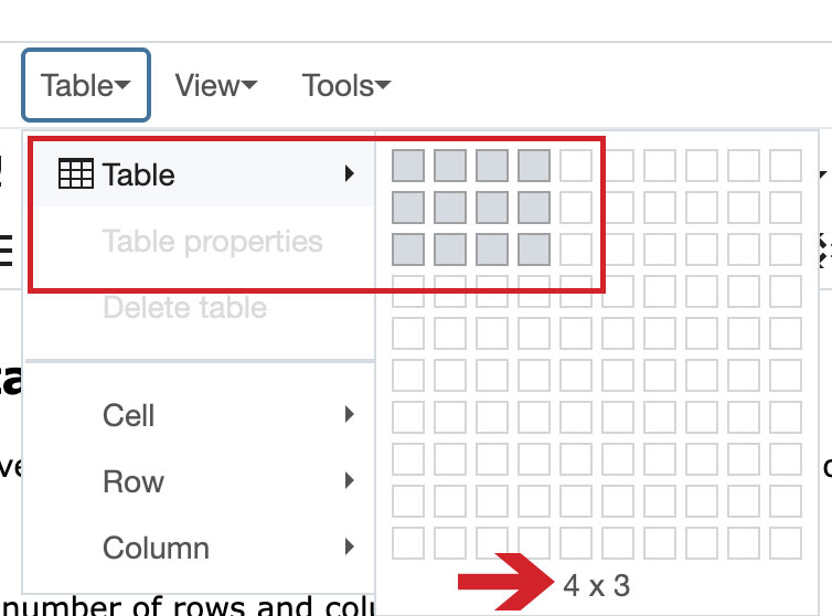 insert table choosing columns and rows from grid