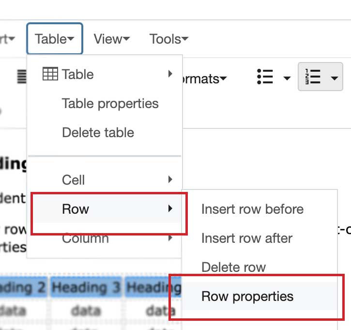 Table Row Properties Menu