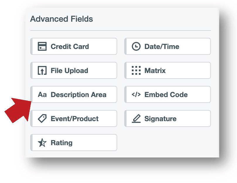 advanced fields box with arrow pointing to description area button