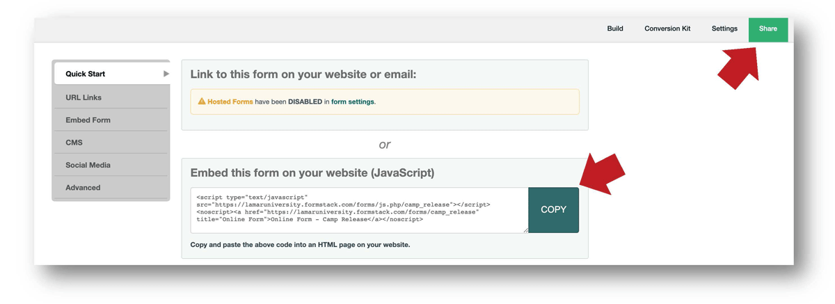 formstack embed page with arrow pointing to green share box and arrow pointing to embed this form on your website javascript field