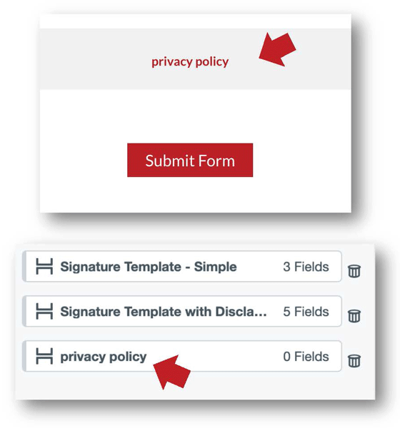 privacy policy above submit button; location of privacy policy saved section at bottom of list