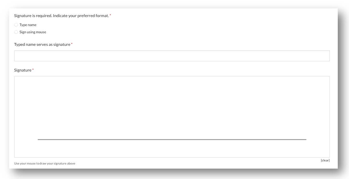 template showing fields for type name and signature options